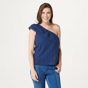 NWT DU JOUR ONE SHOULDER EYELET‎ FLOUNCE TOP NAVY XL